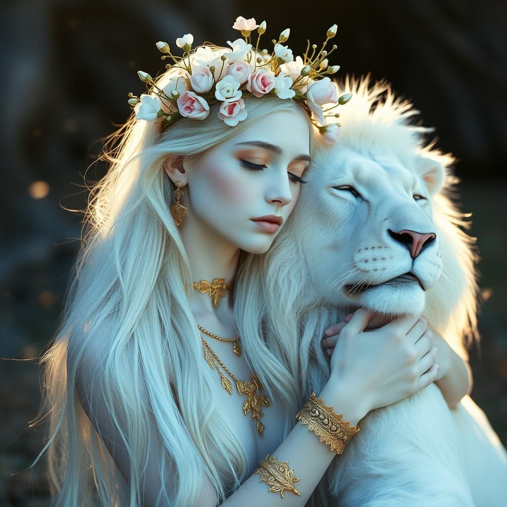 Ethereal Creature with Albino Lion in Dreamlike Setting
