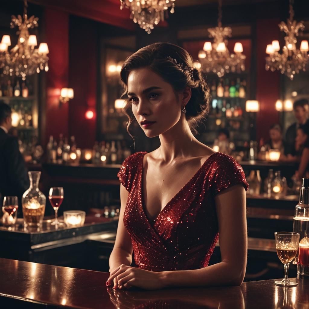 Woman in Red Dress at Bar: Cinematic Film Still