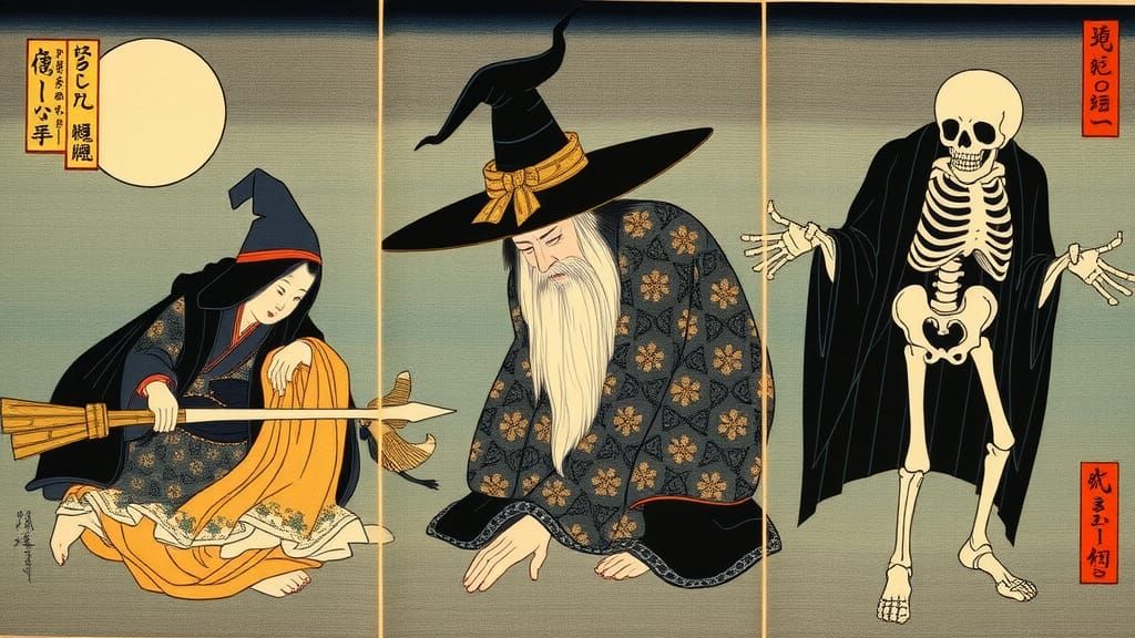 Triptych image in the Ukiyo-e style of "Takiyasha the Witch ...