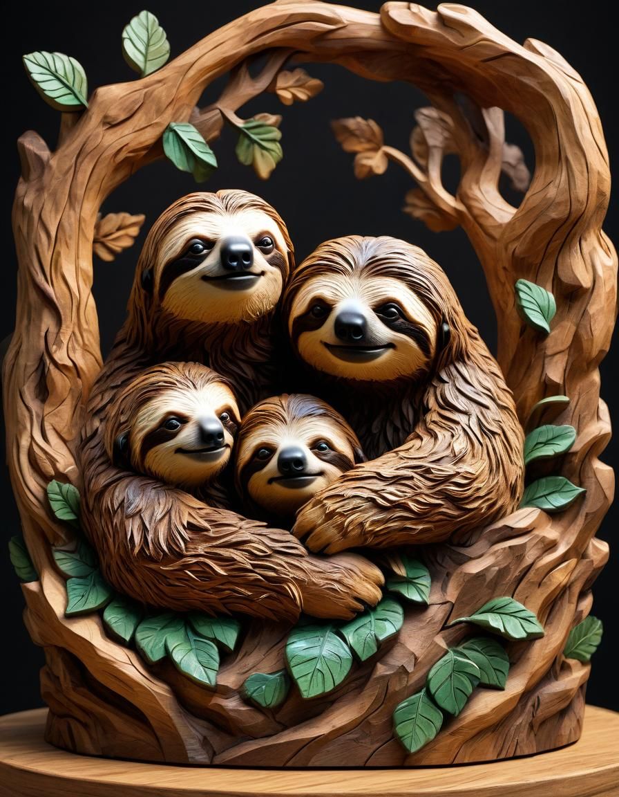 Rose and sloth family happy in carving made of real oak wood...