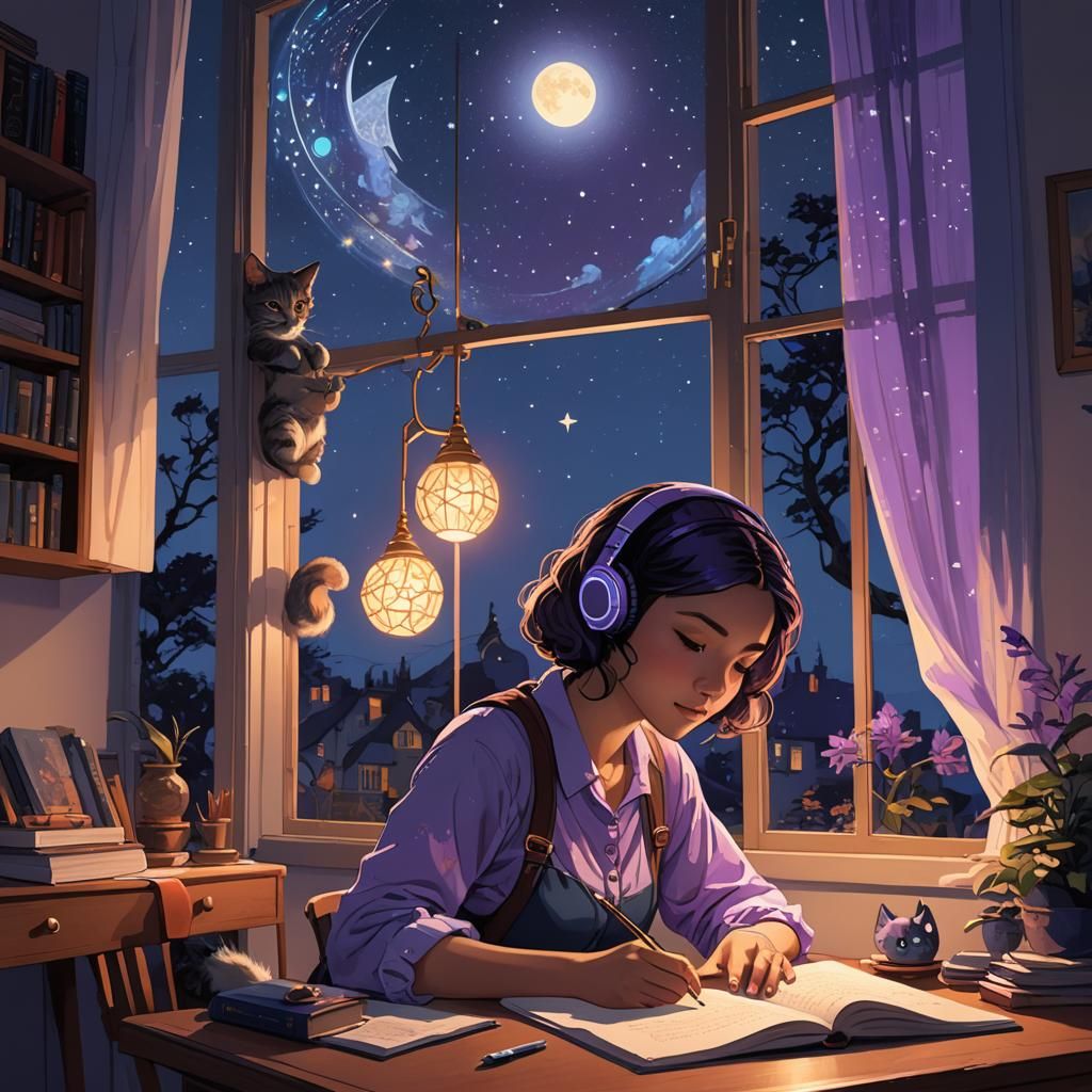 Girl Studying Under Starry Night Sky with Comet
