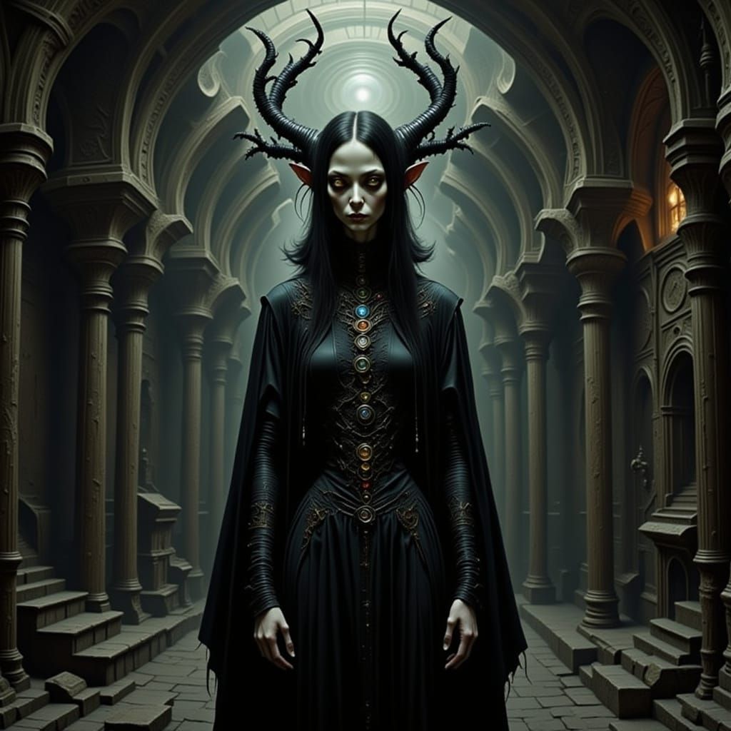 Gothic Alien in Dark Velvet Robes Amidst Twisted Architectur...