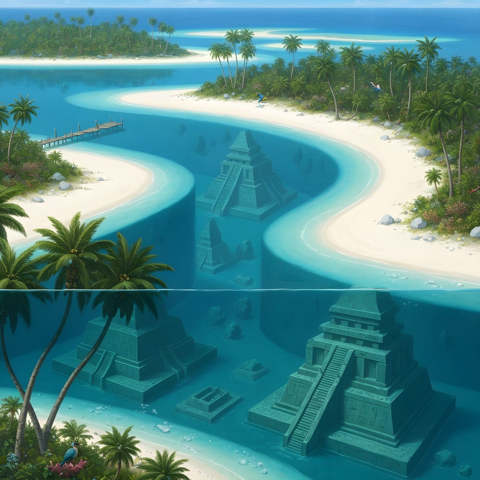 Ancient Ruins Beneath Turquoise Lagoon in Pre-Raphaelite Sty...