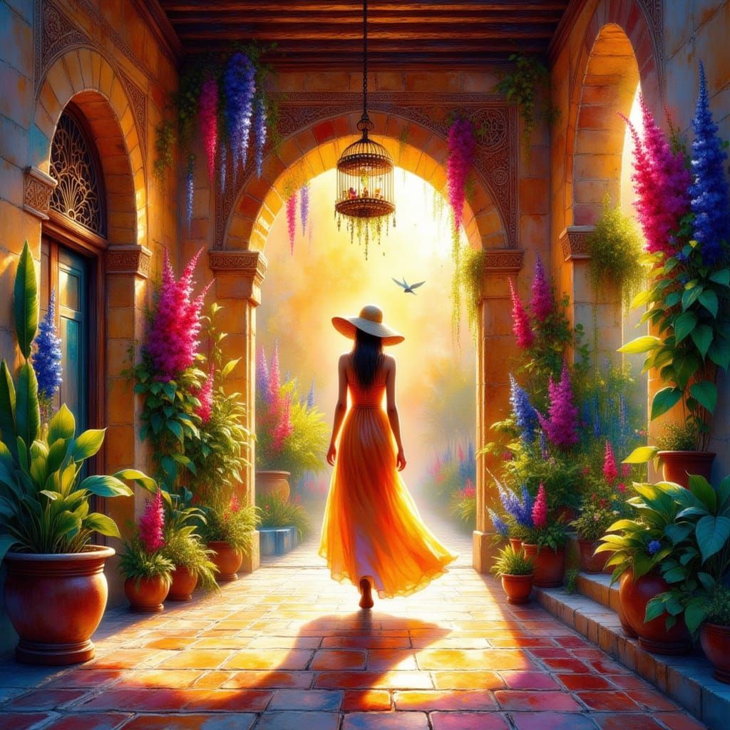 Moroccan Temple Scene with Exotic Birds