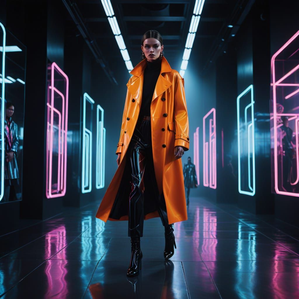 Ethereal Fashion Model Struts Down Neon Runway in Avant-Gard...