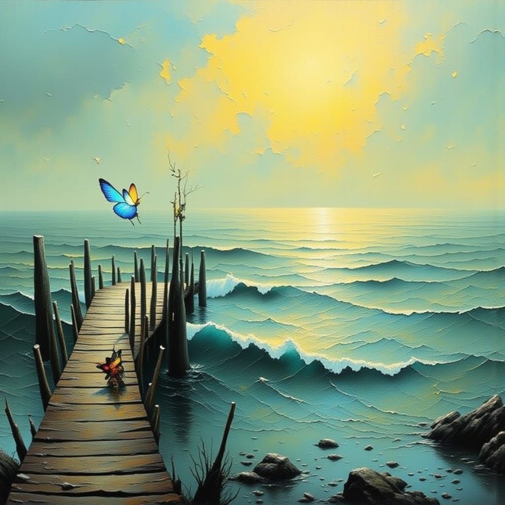 Whimsical Seascape with Perched Butterfly