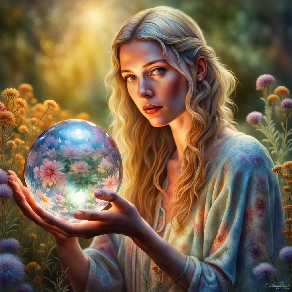 Hyperrealistic Woman with Crystal Ball in Watercolor
