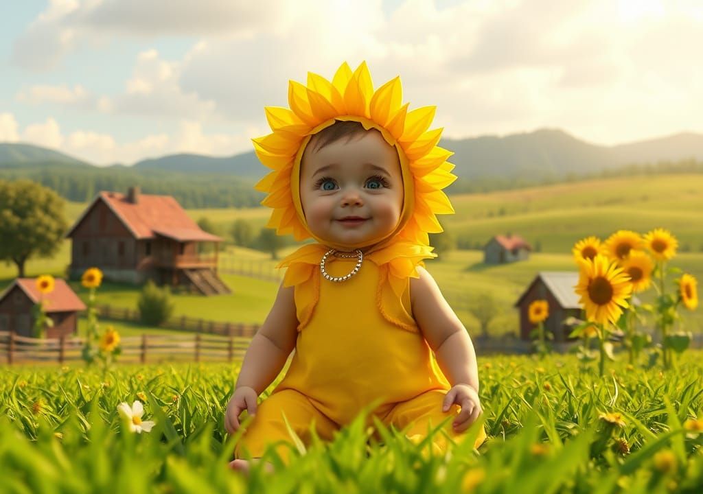Pixar Baby in Sunflower Costume, Rural Landscape