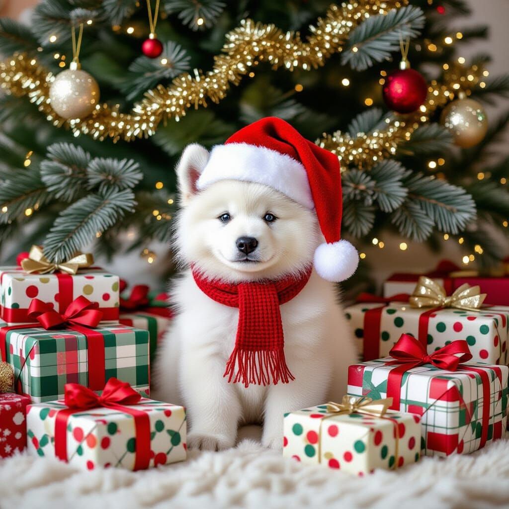 Festive Samoyed Puppy in Whimsical Style