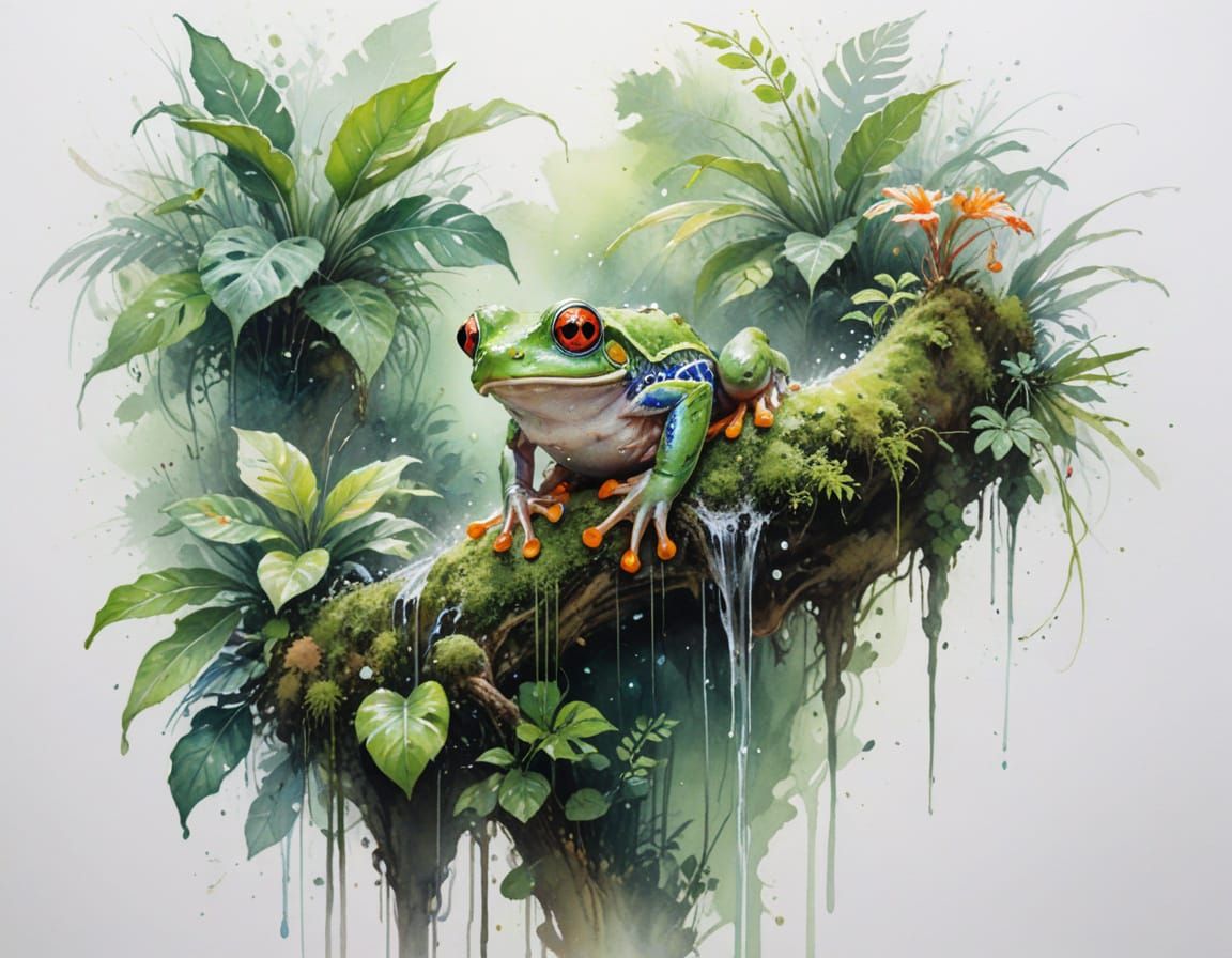 Vibrant Watercolor Rainforest Waterfall with Tree Frog