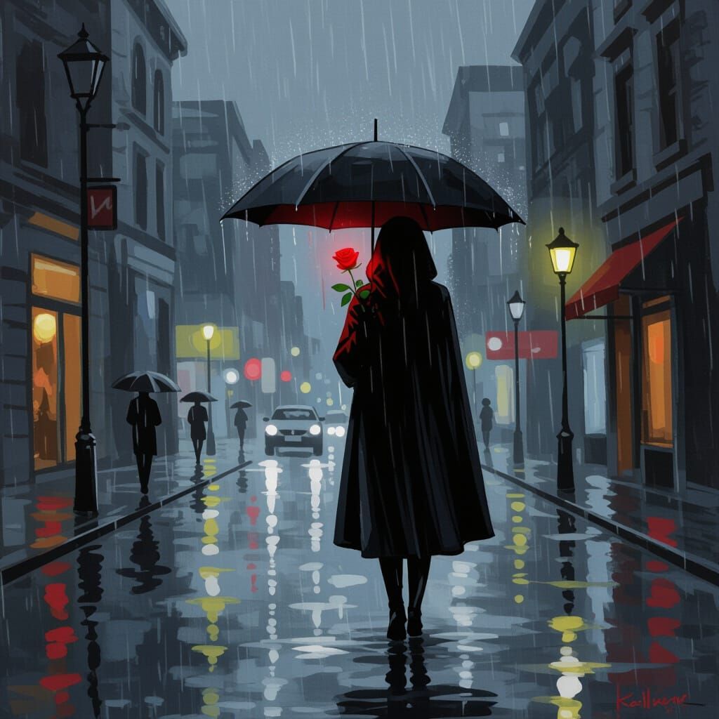 Figure Holds Glowing Rose in Grayscale Rain