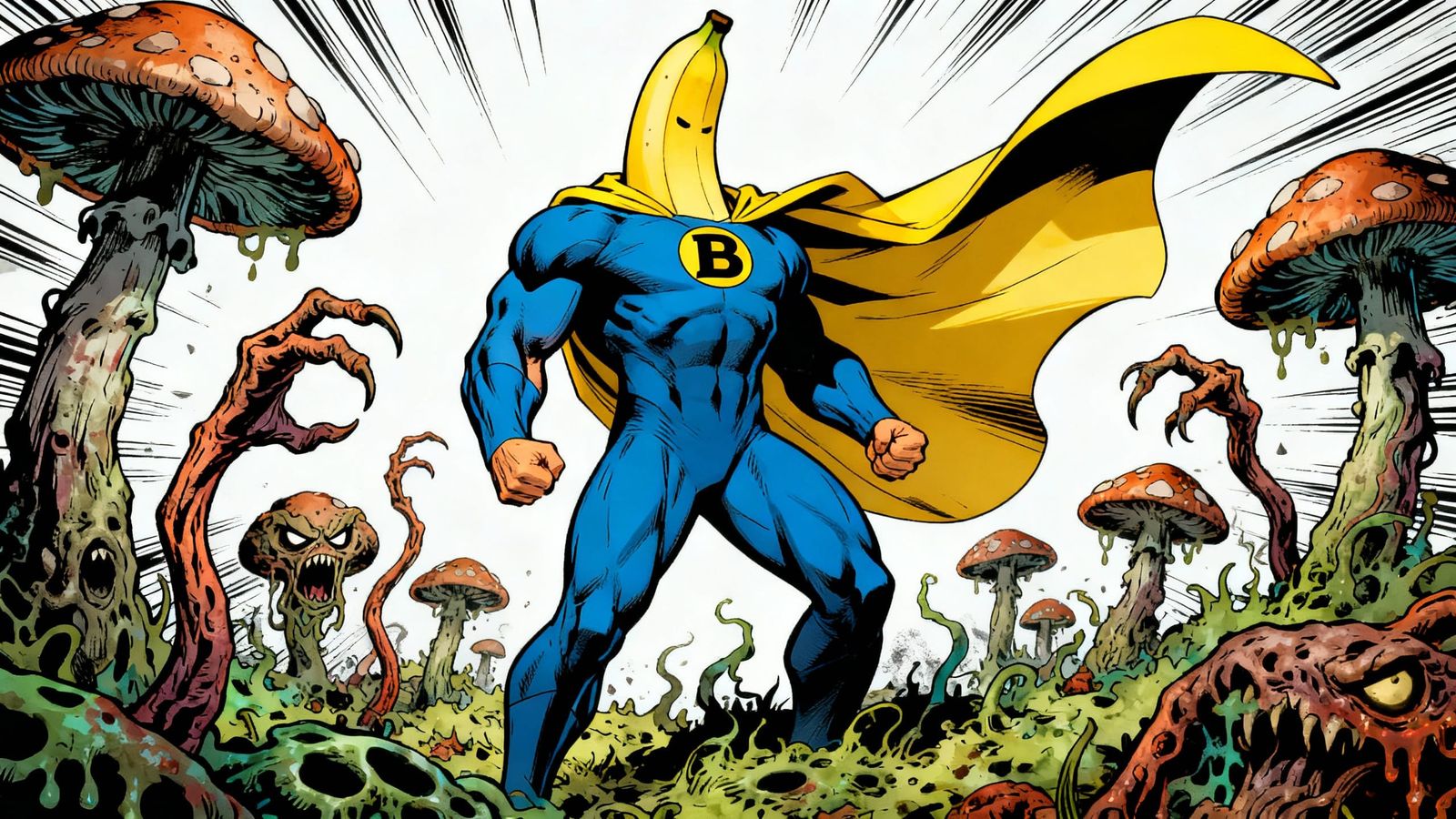 Banana Superhero Fights Mushroom Gang in Comic Style