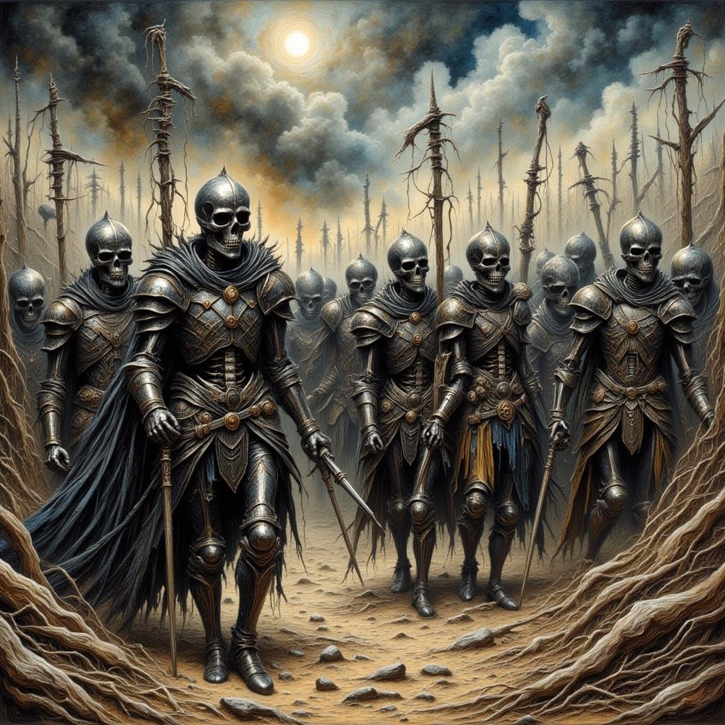 Skeletons Marching to War in Dark Fantasy Landscape
