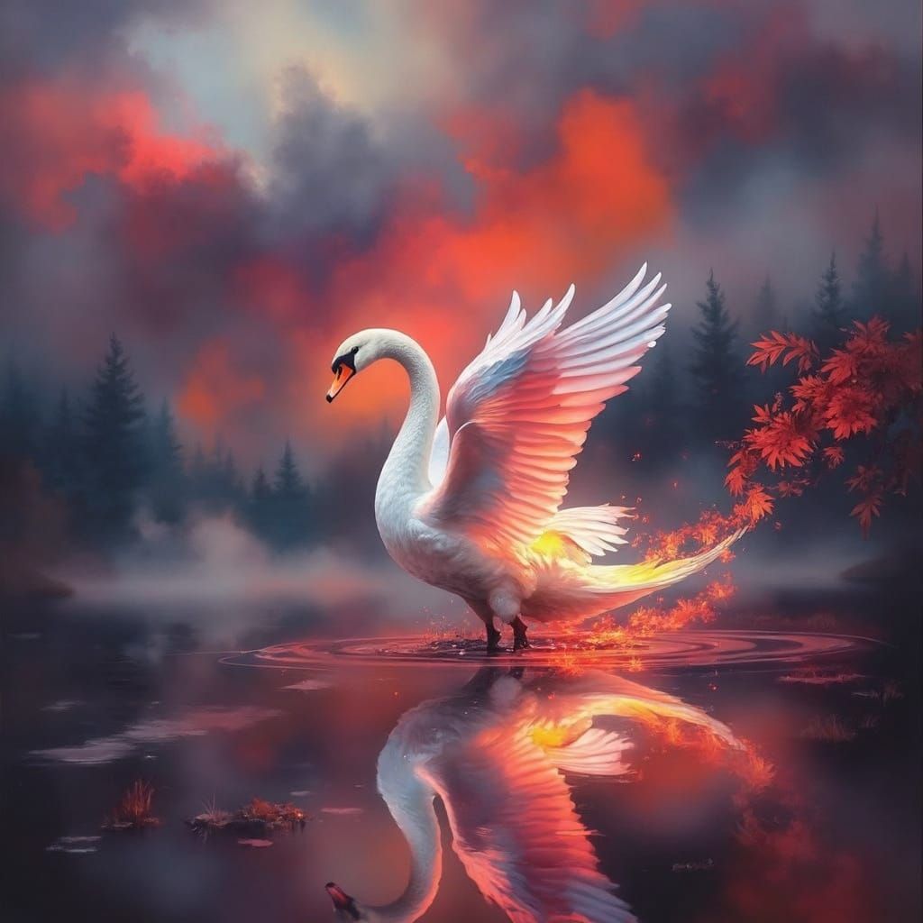Ethereal Swan Dances on a Golden Lake