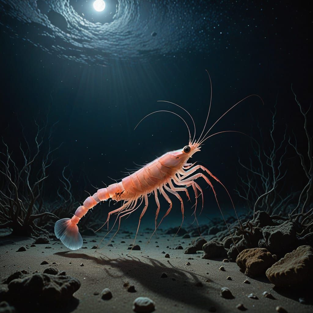 Pink Shrimp Emerges from Quarter Moon in Surrealist Dreamsca...