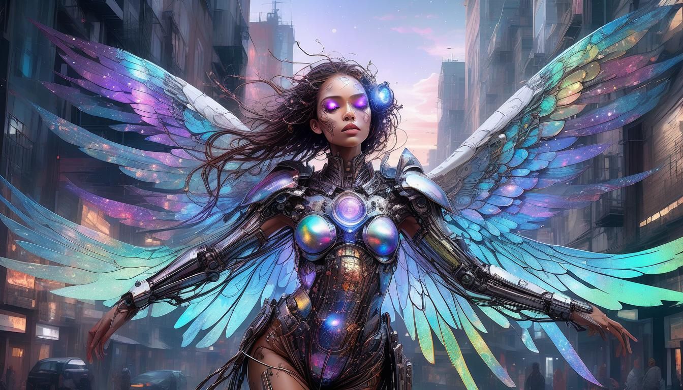 Cyborg Paladin with Iridescent Wings in Futuristic City