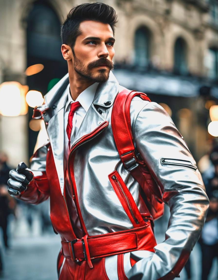 High Fashion Leatherman in Futuristic Overalls