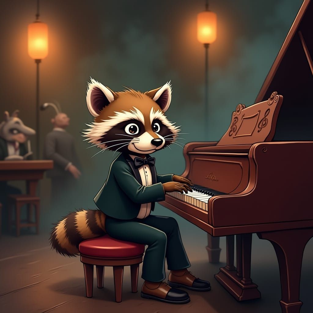Whimsical Raccoon Jazz Maestro in Vintage Jazz Club