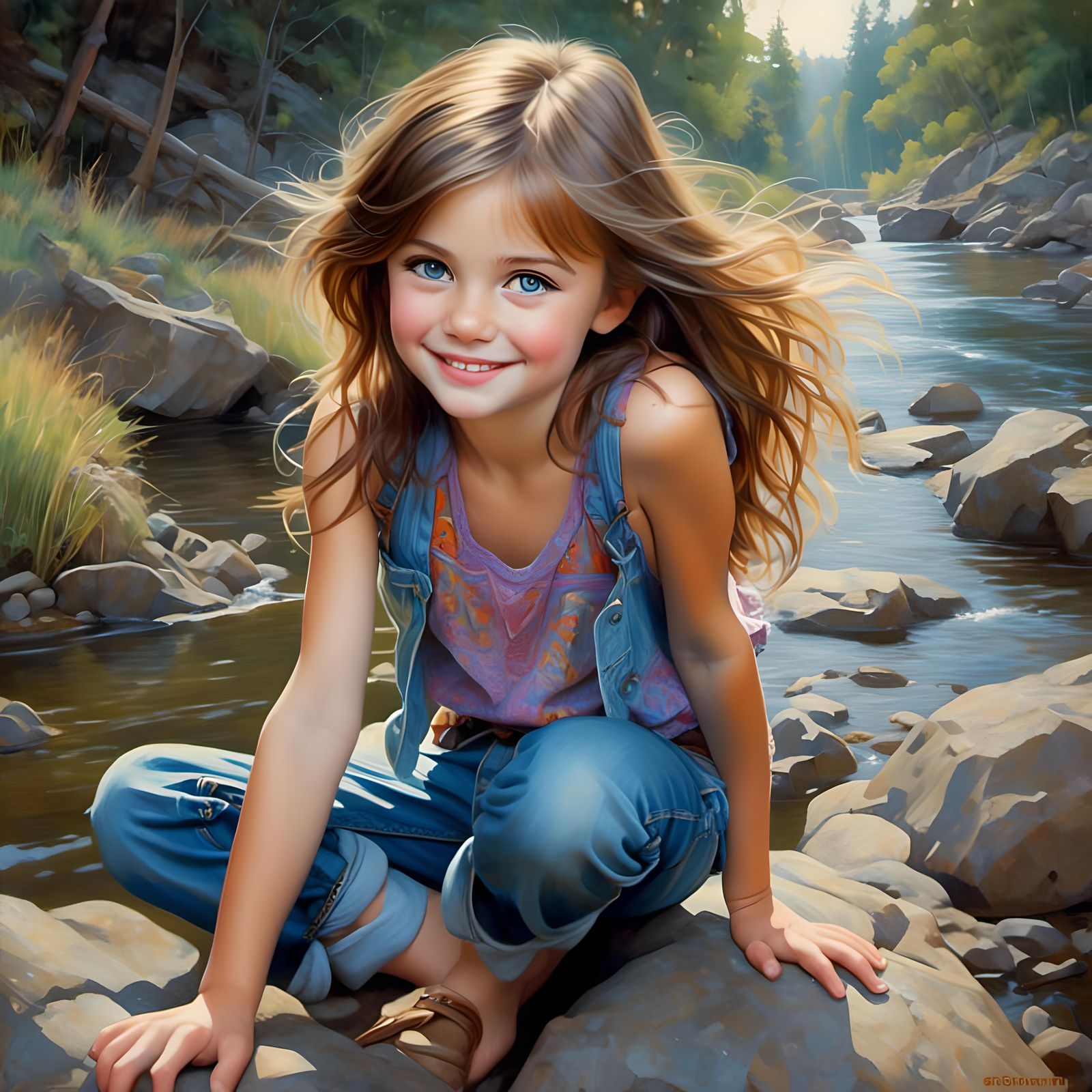 Punk Girl Skipping Rocks, Vibrant Painted Masterpiece