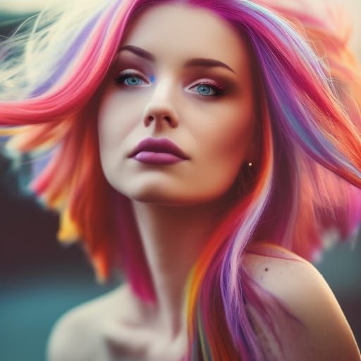Stunning Woman with Rainbow Afro, Hyperrealistic Portrait