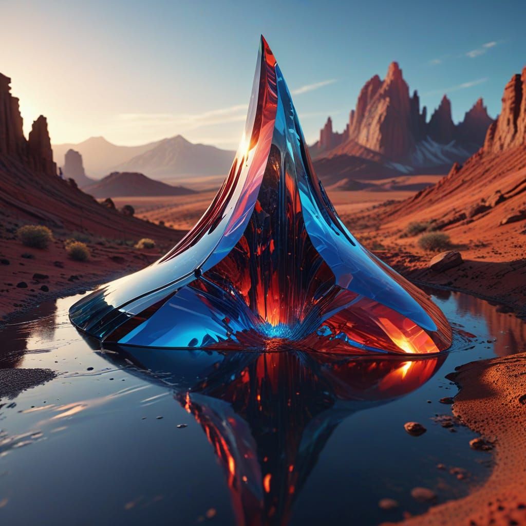 Elegant Fluid Glass Spire in Red Rocky Desert Valley