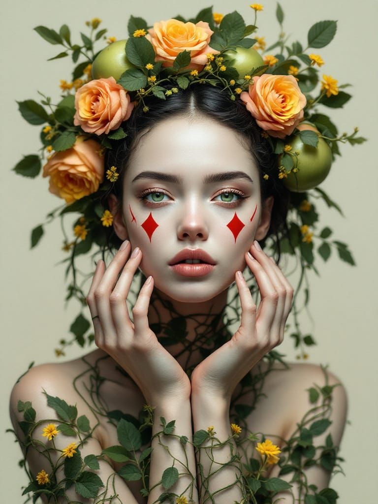 Mythic Portrait of a Woman Adorned with Fruits and Flowers