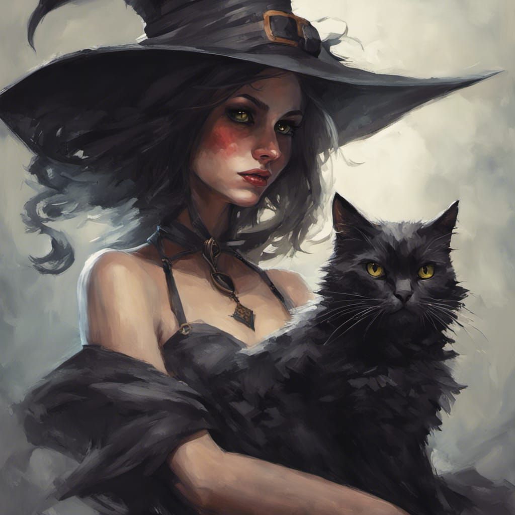 Sinister Witch Girl and Cat Digital Art