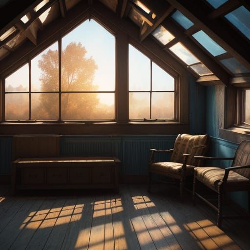 Vibrant Neighborhood Scene Through an Attic Window