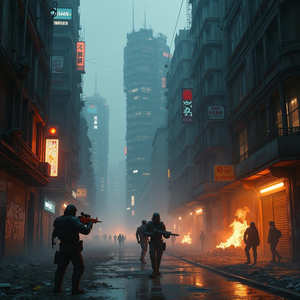 Cyberpunk Metropolis in Ruin, Shrouded in Toxic Haze