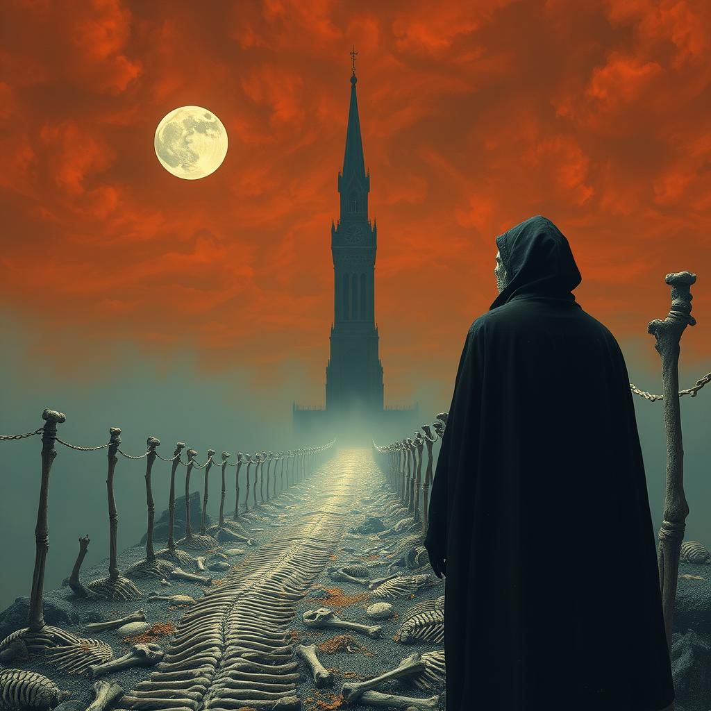 Gothic Tower with Skeletal Street in Expressionist Style