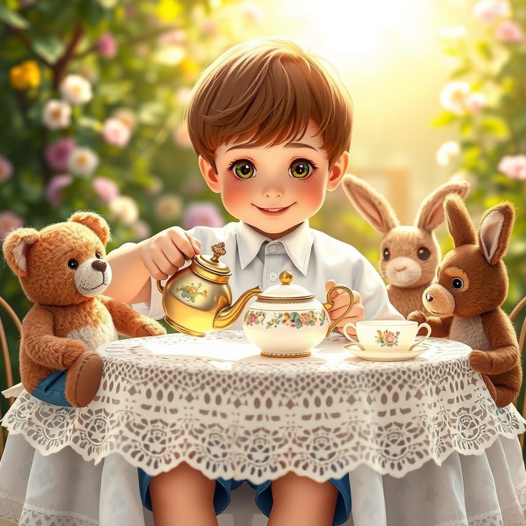 Whimsical Boy Hosts Tea Party with Stuffed Animal Friends in...