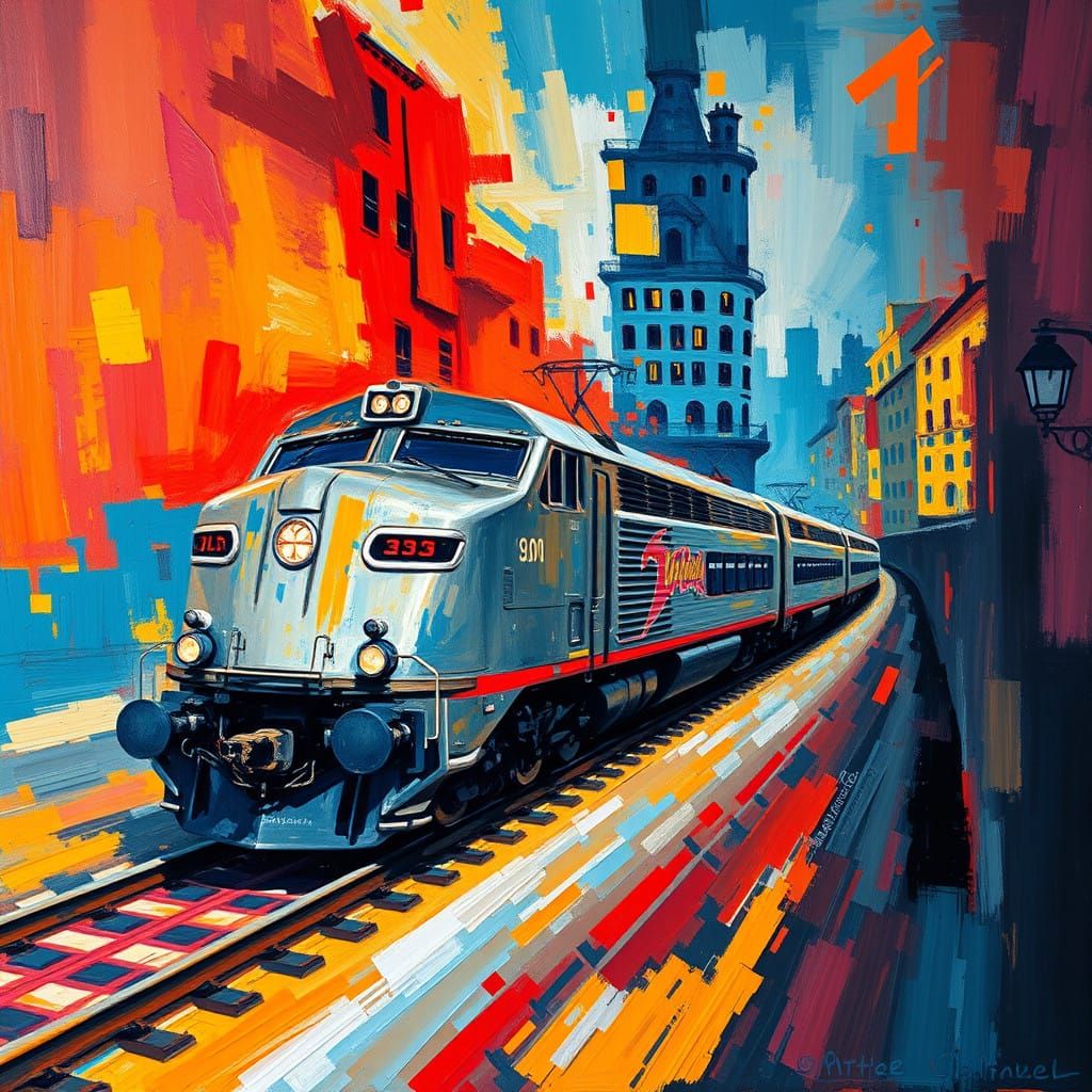 Dreamlike Diesel Locomotive in Expressionist Lisbon Landscap...