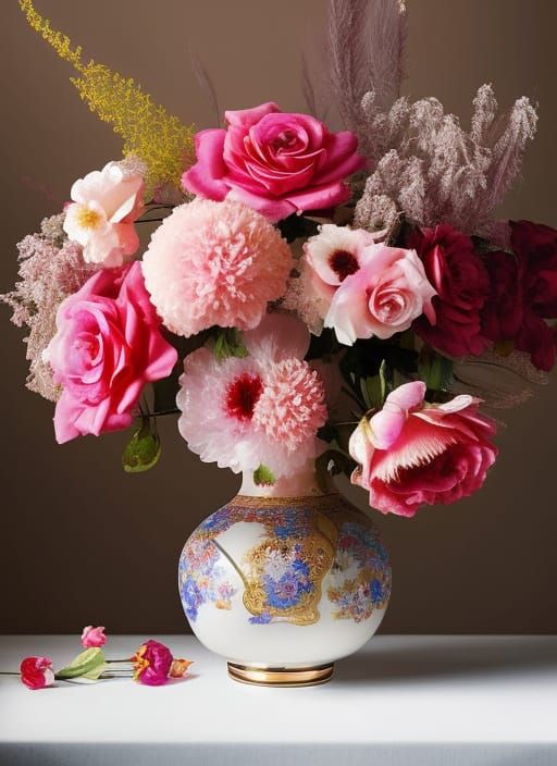 Surreal Roses in Cloisonné Vase: Hyperrealistic Impressionis...