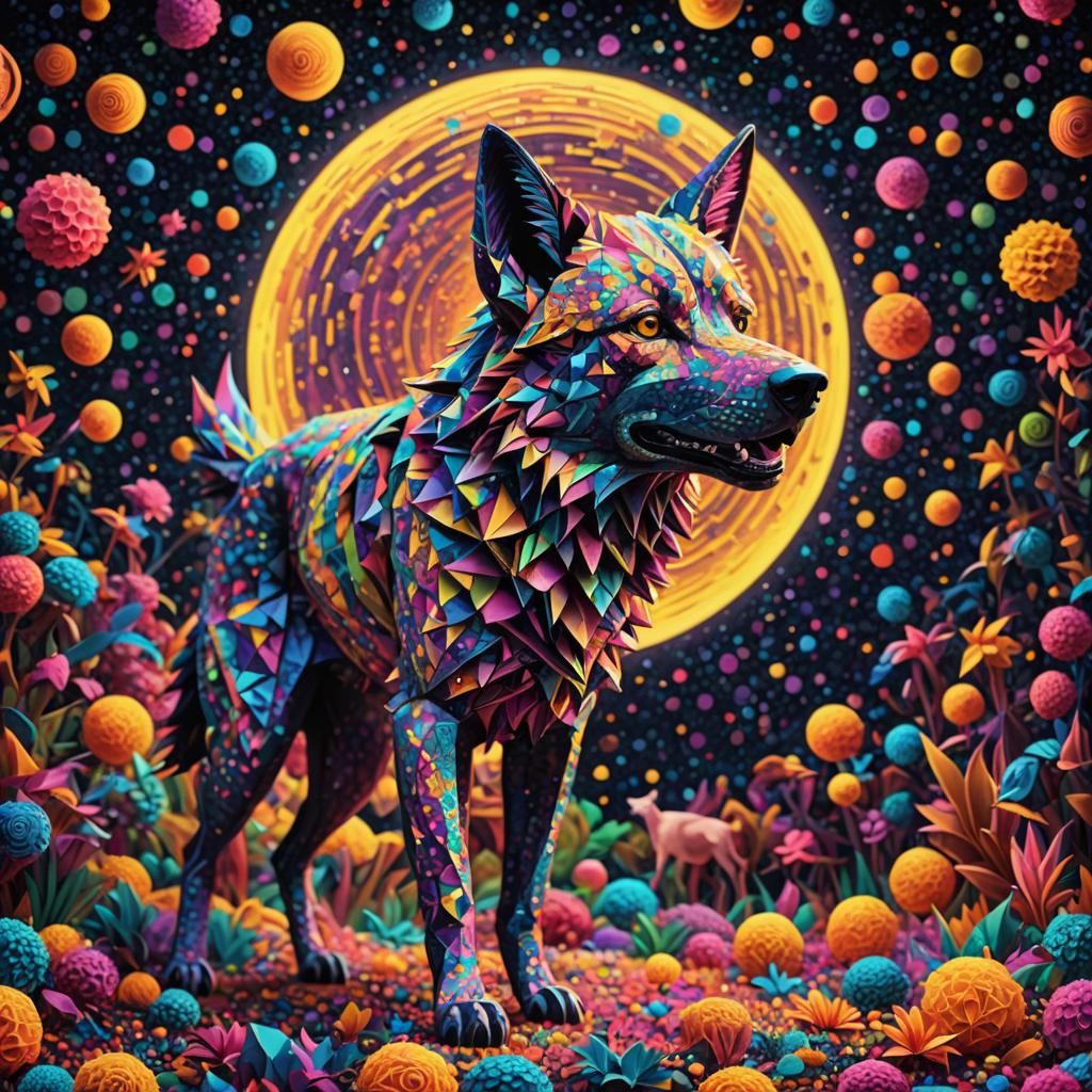 Psychedelic Pop-Art Wolf Howling at the Moon