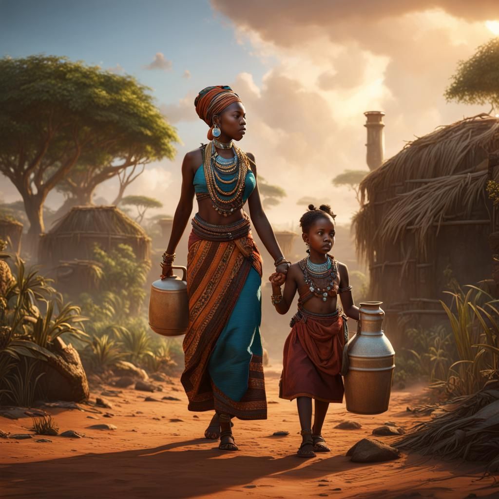 African Woman Carrying Water Jug, Detailed Matte Painting