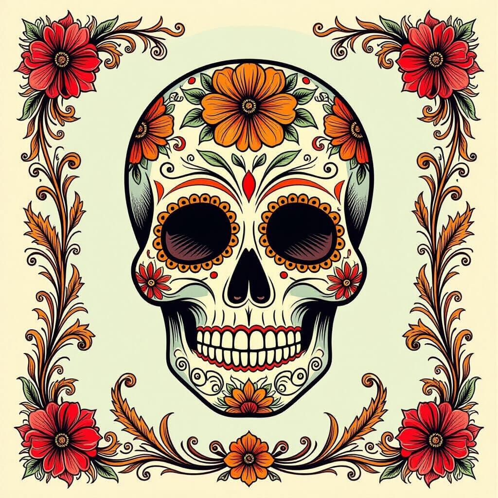 Mid-Century Day of the Dead Skull with Floral Border