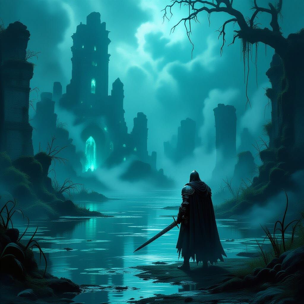 Knight in Bioluminescent Swamp Amidst Ancient Ruins