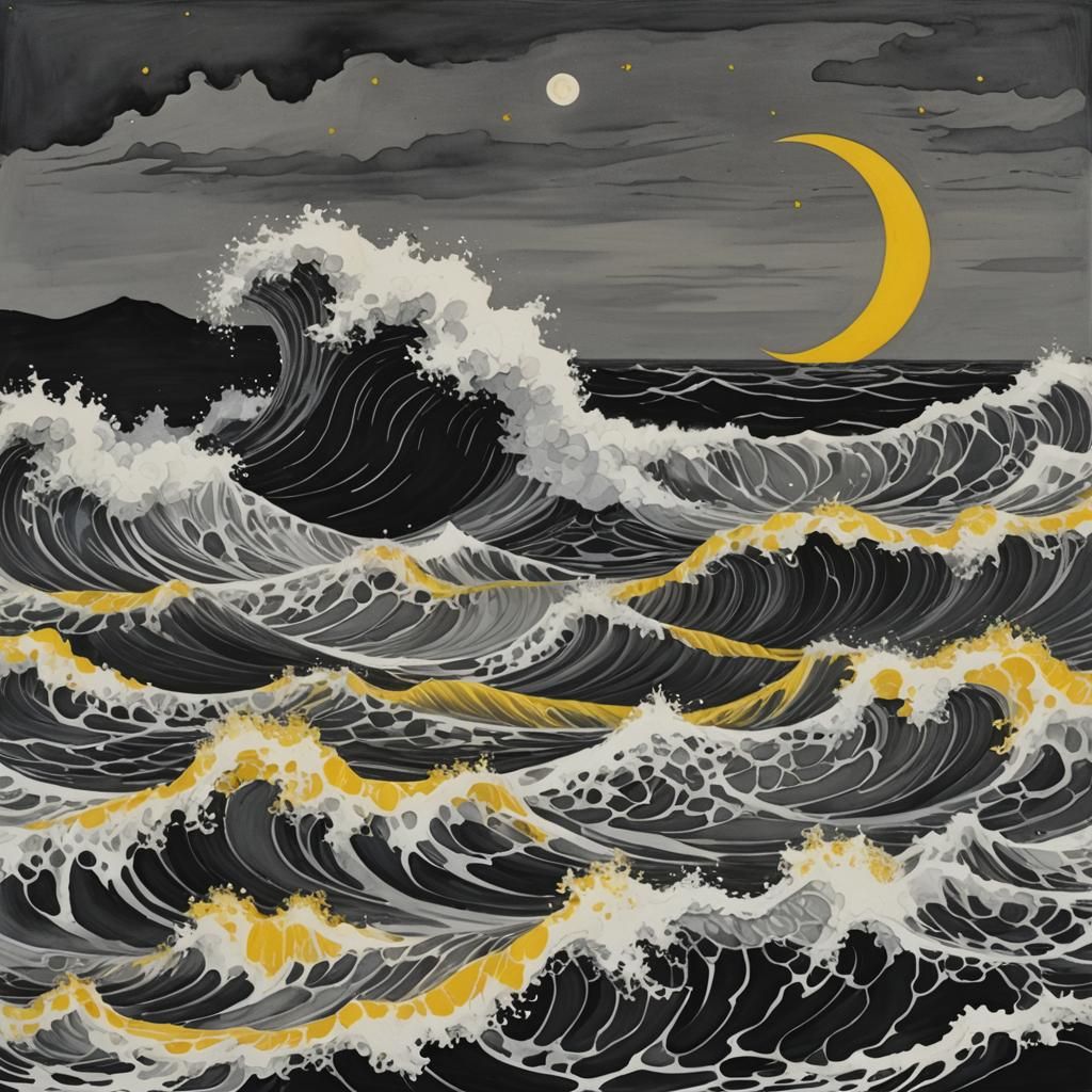 Gouache Painting of Moonlit Sea and Land