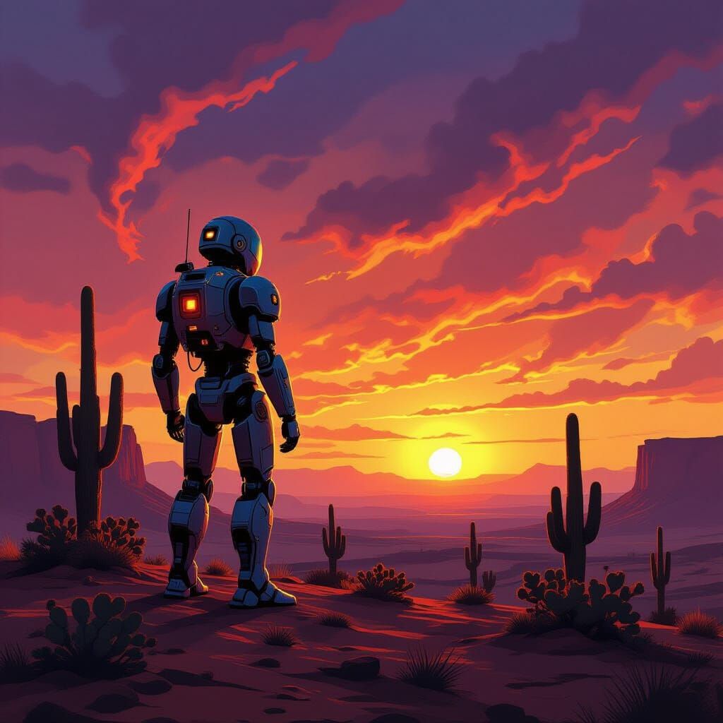 Weathered Robot on Alien Mesa Under Sunset