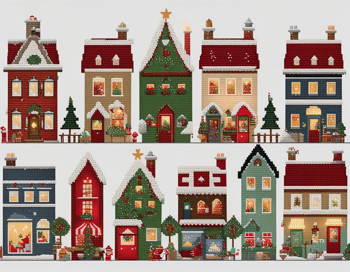 Festive Christmas Village in Cross-Stitch Style