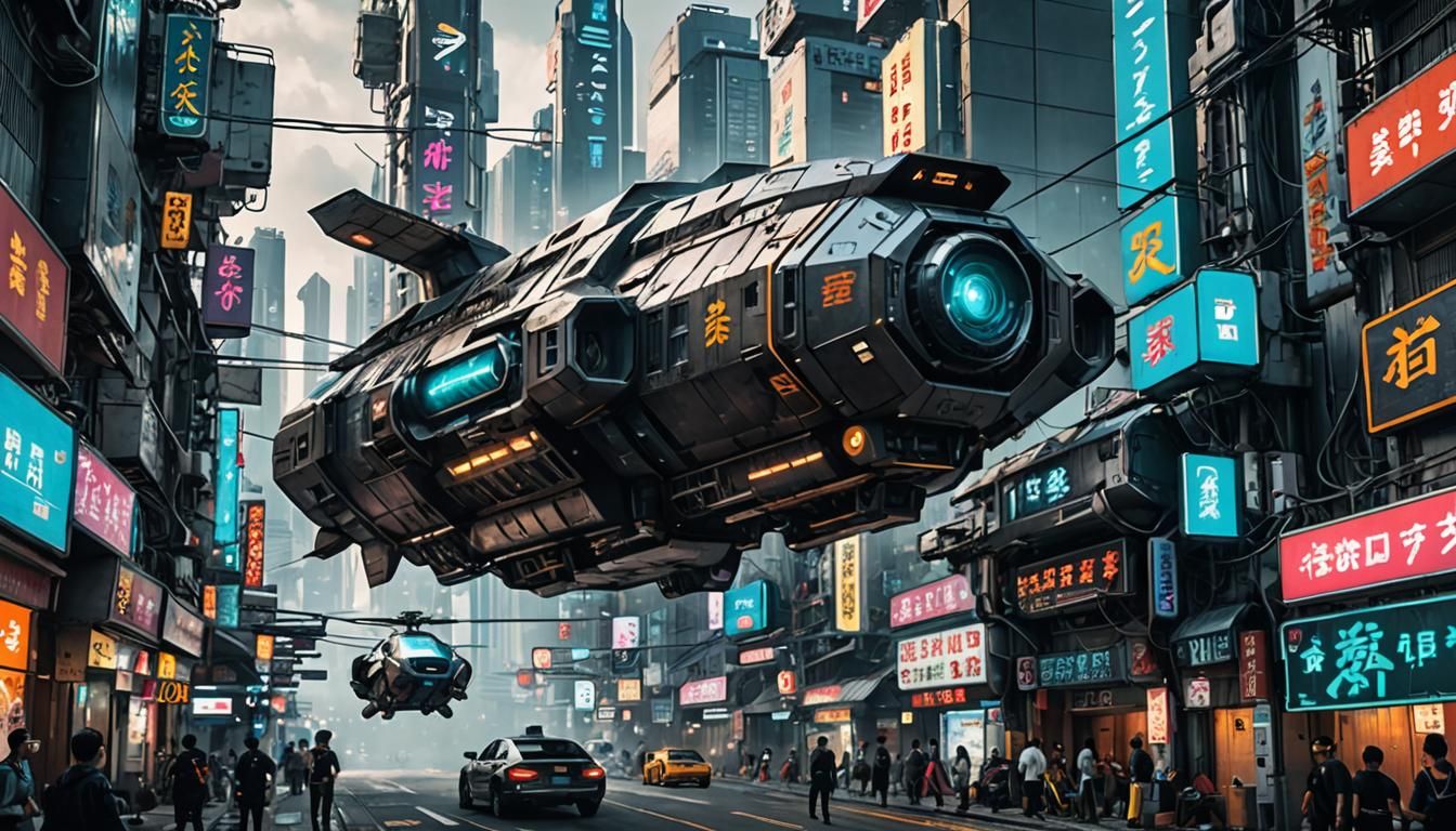 Cyberpunk Cityscape with Flying Asian Junk