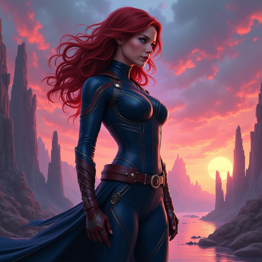 Black Widow with Thanos Physique in Fantasy Landscape