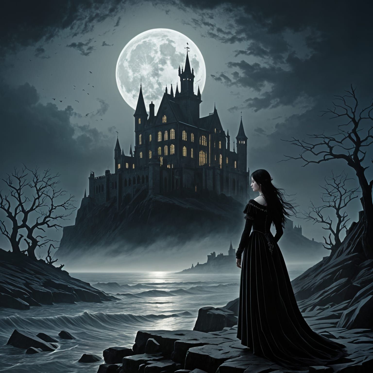 A stunningly beautiful Goth woman with pale skin, dark, smok...