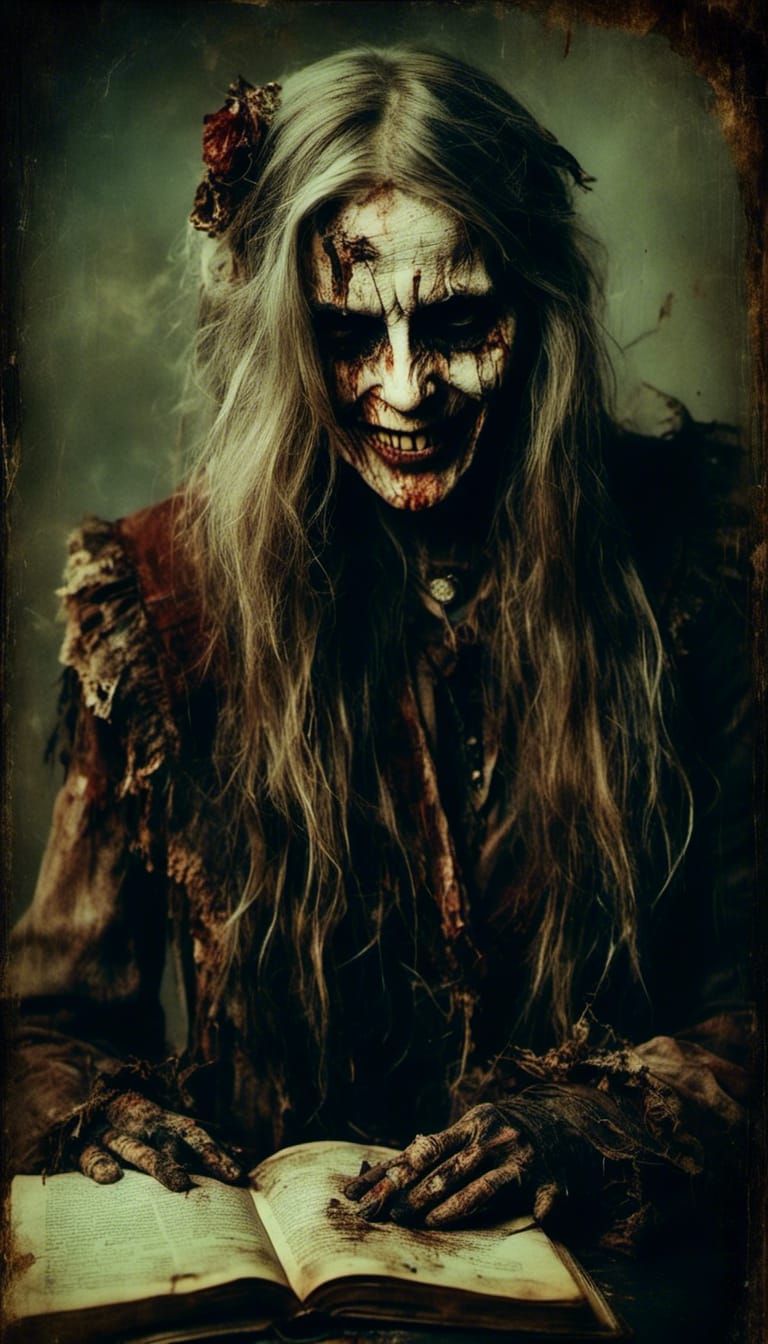 Macabre Laughter: Woman Reading a Massive Book