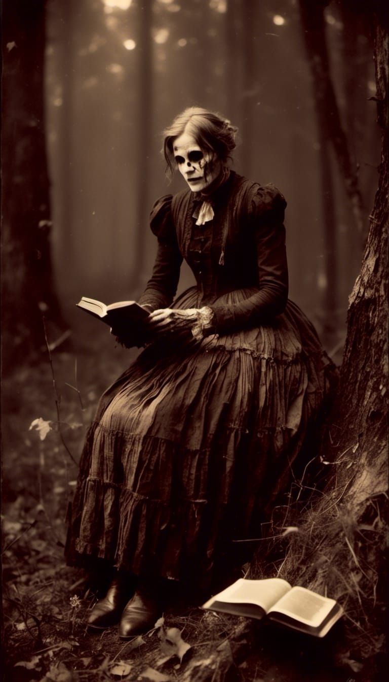 Macabre Portrait: Woman Hysterically Reading a Book