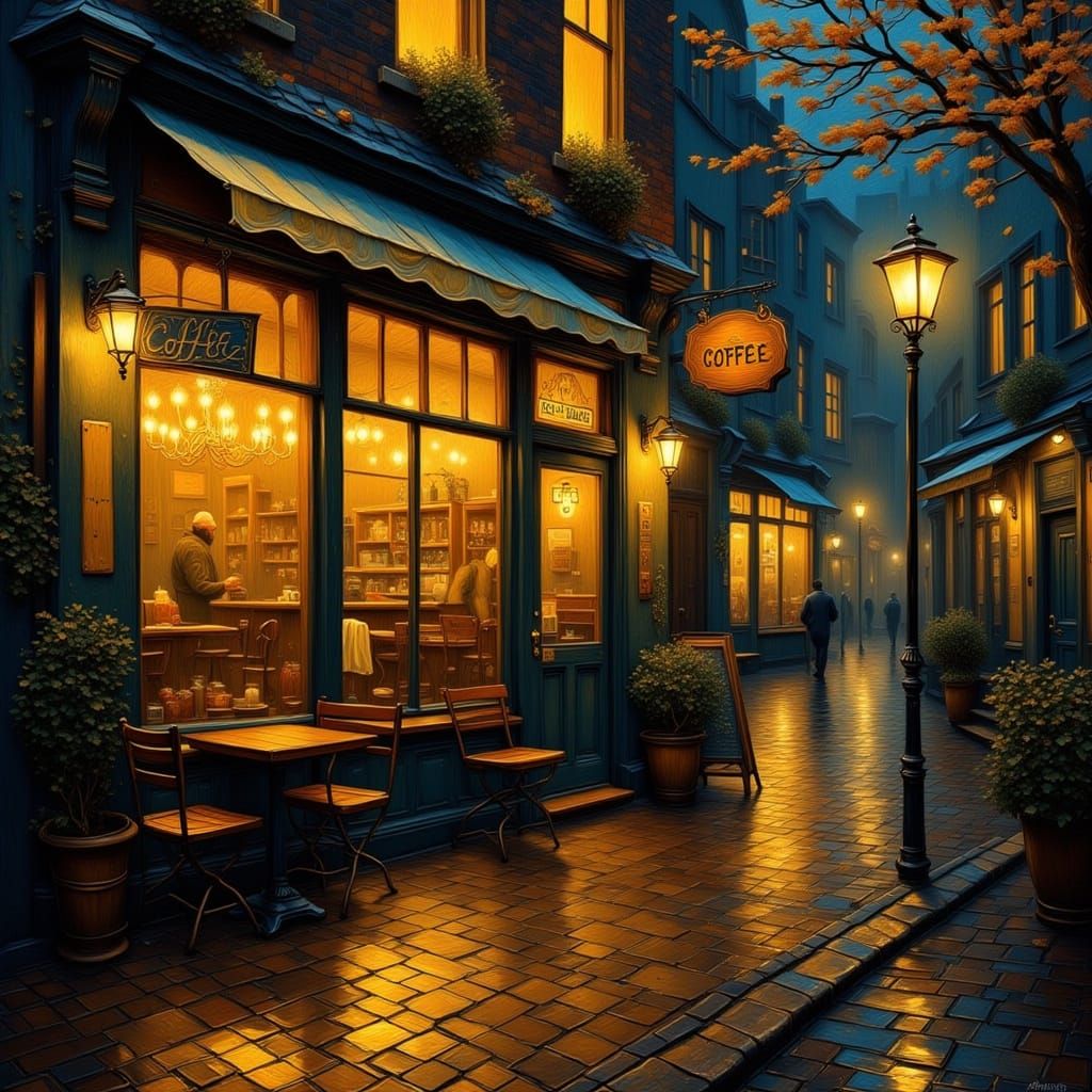Cozy Coffee Shop on Rainy Night in Van Gogh Style