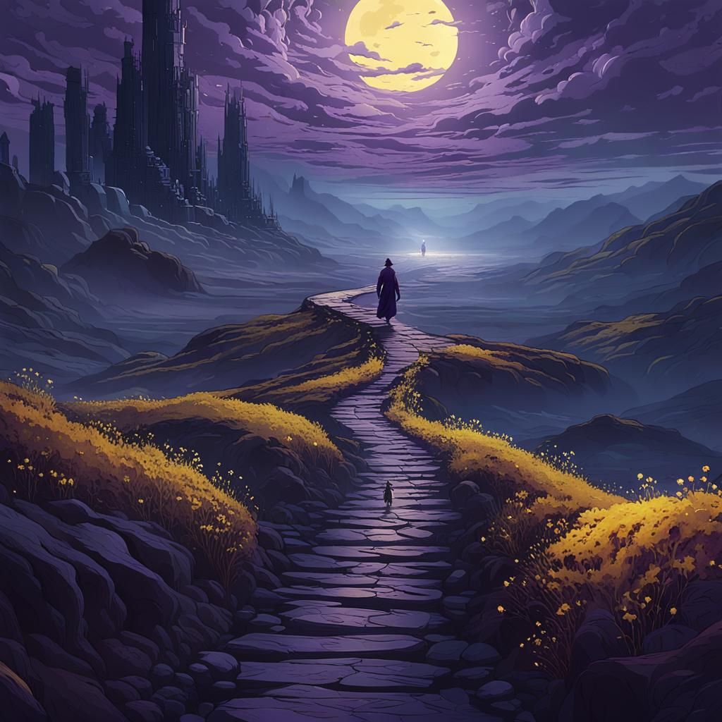 Ominous Figure on Narrow Path in Dark Fantasy Art