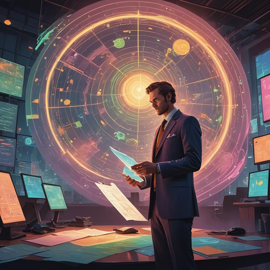 Businessman with Glowing Plan in Fantasy Art Style