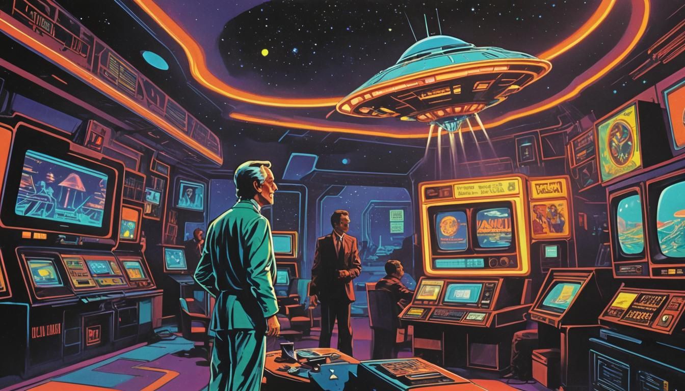 UFO Witness on TV in Retrofuturistic Comic Style