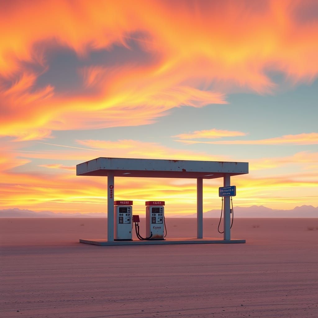 Serene Sunset Gas Station Amidst Endless Clouds